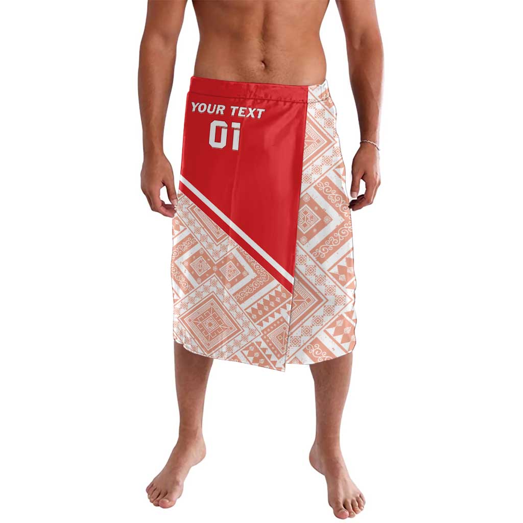 Red and white printed lavalava skirt with custom text and number front