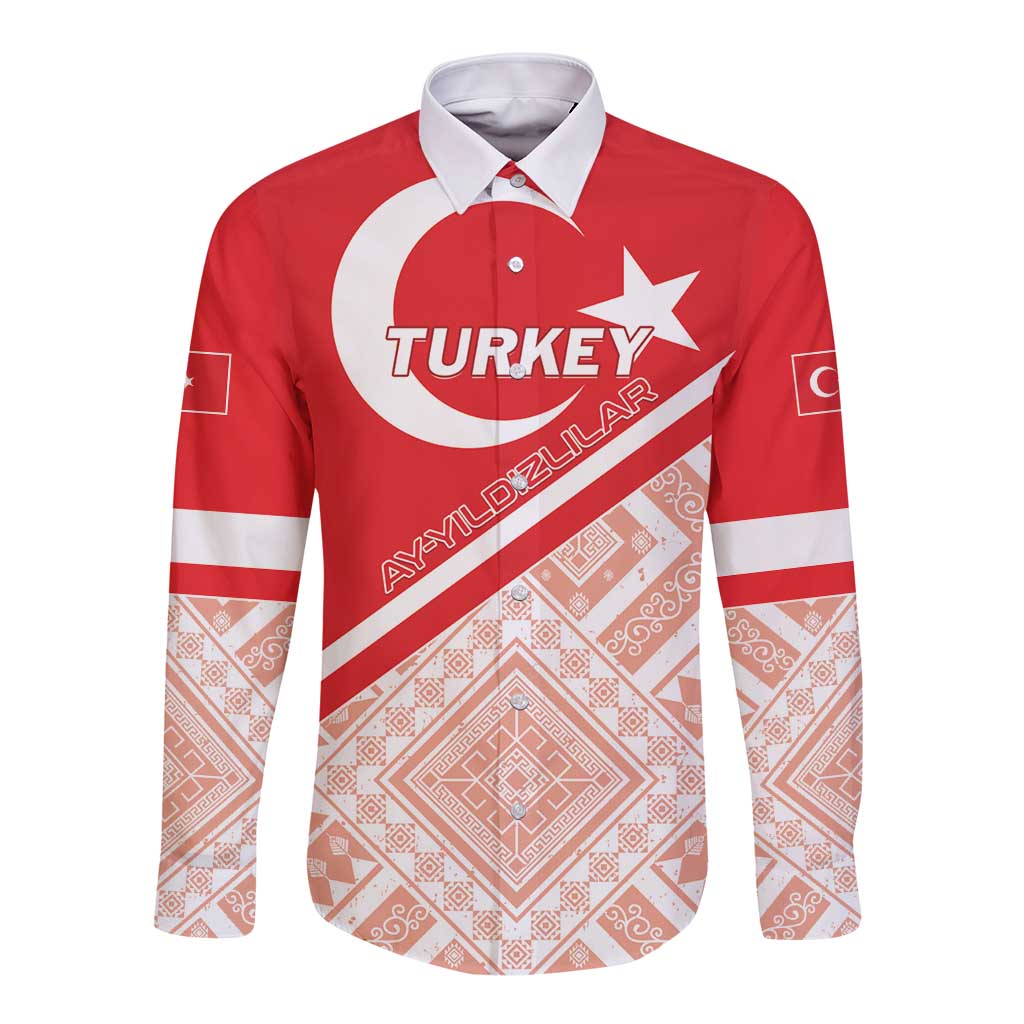 Red long sleeve football button shirt with Turkey graphic and white crescent stripe