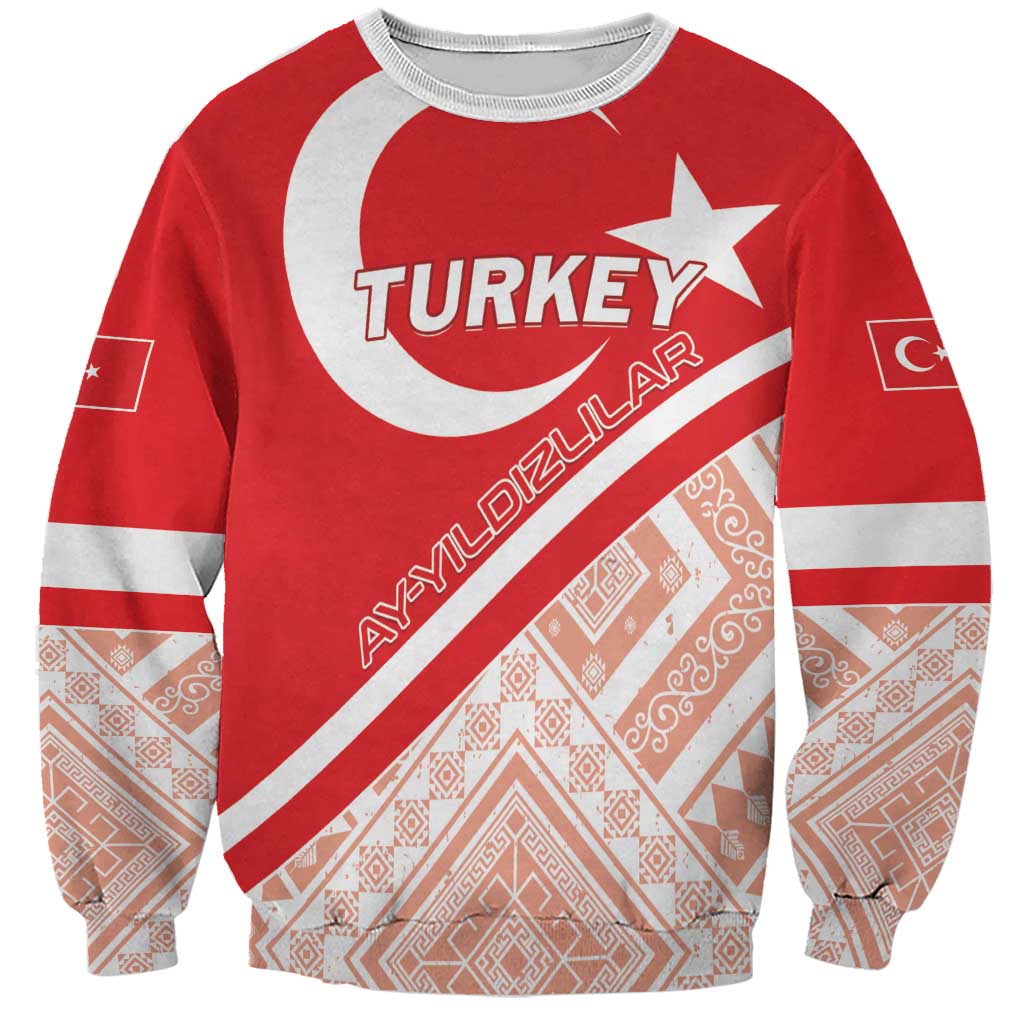 Red unisex football sweatshirt with Turkey logo, diagonal stripe, patterned sleeves