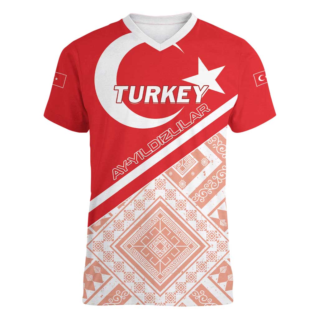 Custom Turkey 2024 Football Women V-Neck T-Shirt Ay Yldzllar Biz Bitti Demeden Bitmez - Wonder Print Shop