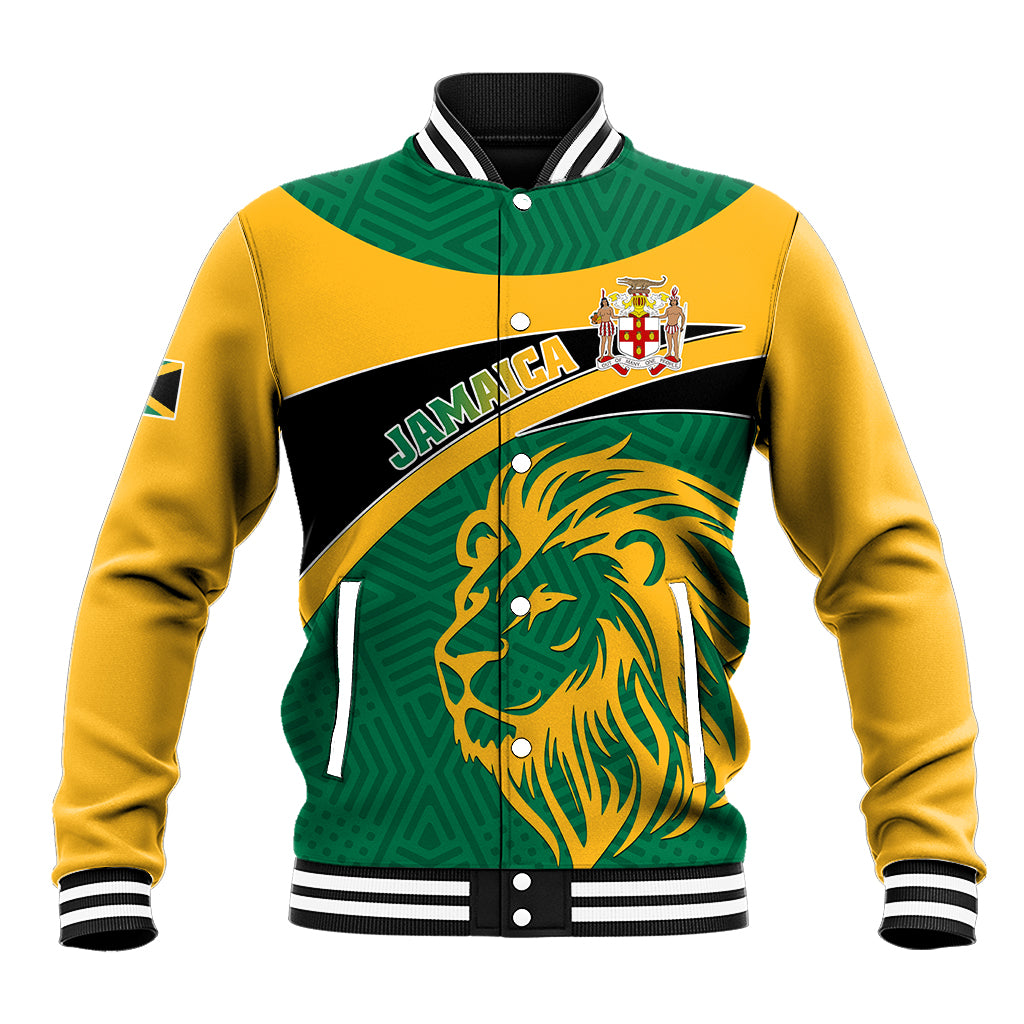 Green and yellow Jamaican graphic baseball jacket with lion front, ribbed striped collar