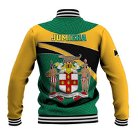 Green and yellow Jamaican graphic baseball jacket with crest and striped ribbed cuffs