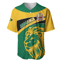 Baseball jersey in yellow and green with lion graphic and Jamaica text