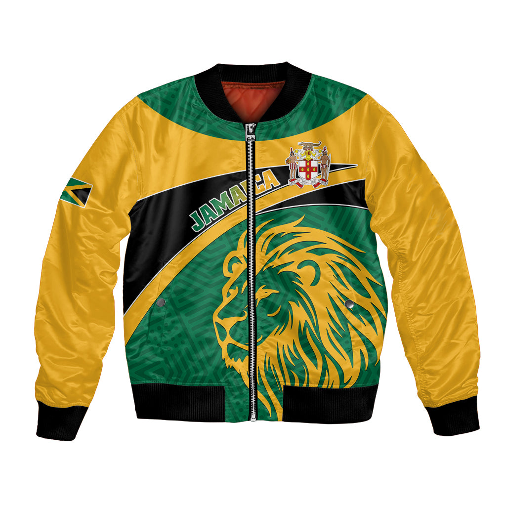 Unisex bomber jacket, green/yellow/black, Jamaica lion graphic, zip front.