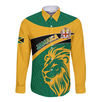Green and yellow long sleeve button shirt with lion Jamaica front graphic