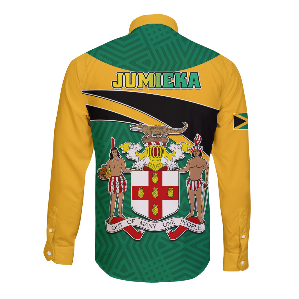 Long sleeve button shirt, green and yellow with Jumieka back crest and people