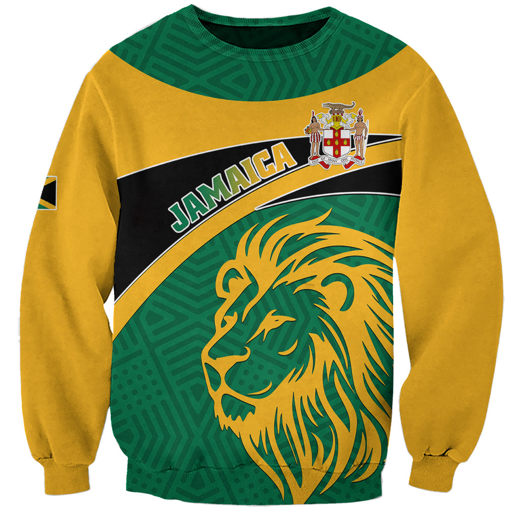 Unisex sweatshirt with yellow and green panels, black stripe, lion graphic, long sleeves
