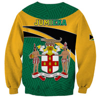 Unisex sweatshirt with yellow sleeves and green front, black band, JUMIEKA text, coat of arms