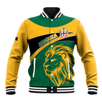 Green/black/yellow varsity baseball jacket with lion emblem and striped ribbed collar