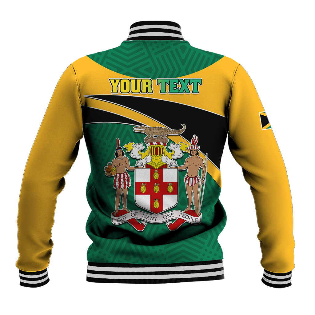 Back of varsity baseball jacket with crest, 'YOUR TEXT' banner, and striped ribbed trim