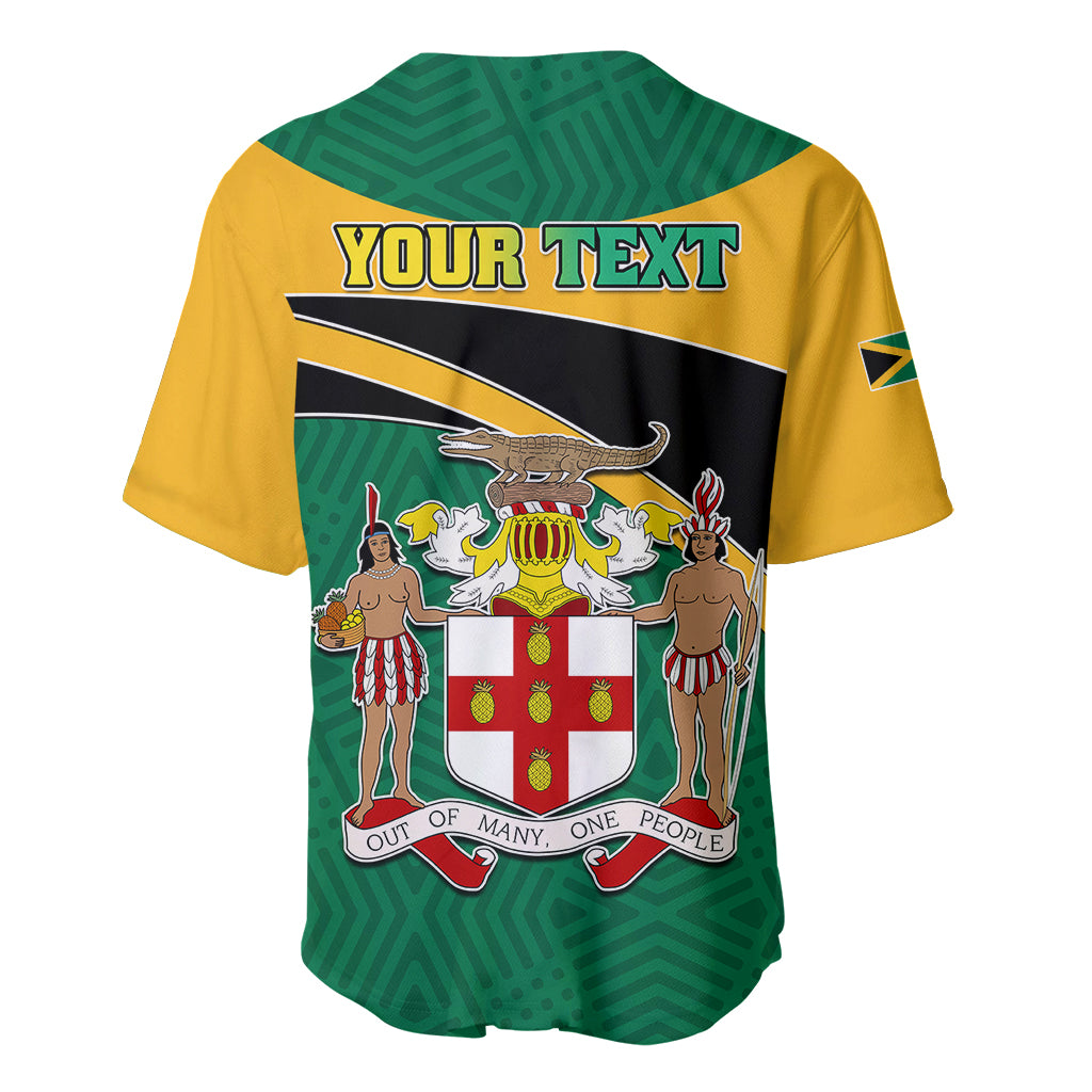 Green and yellow baseball jersey back with YOUR TEXT and coat of arms graphic