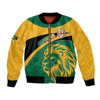 Unisex bomber jacket in green, yellow and black with lion front graphic, full zip