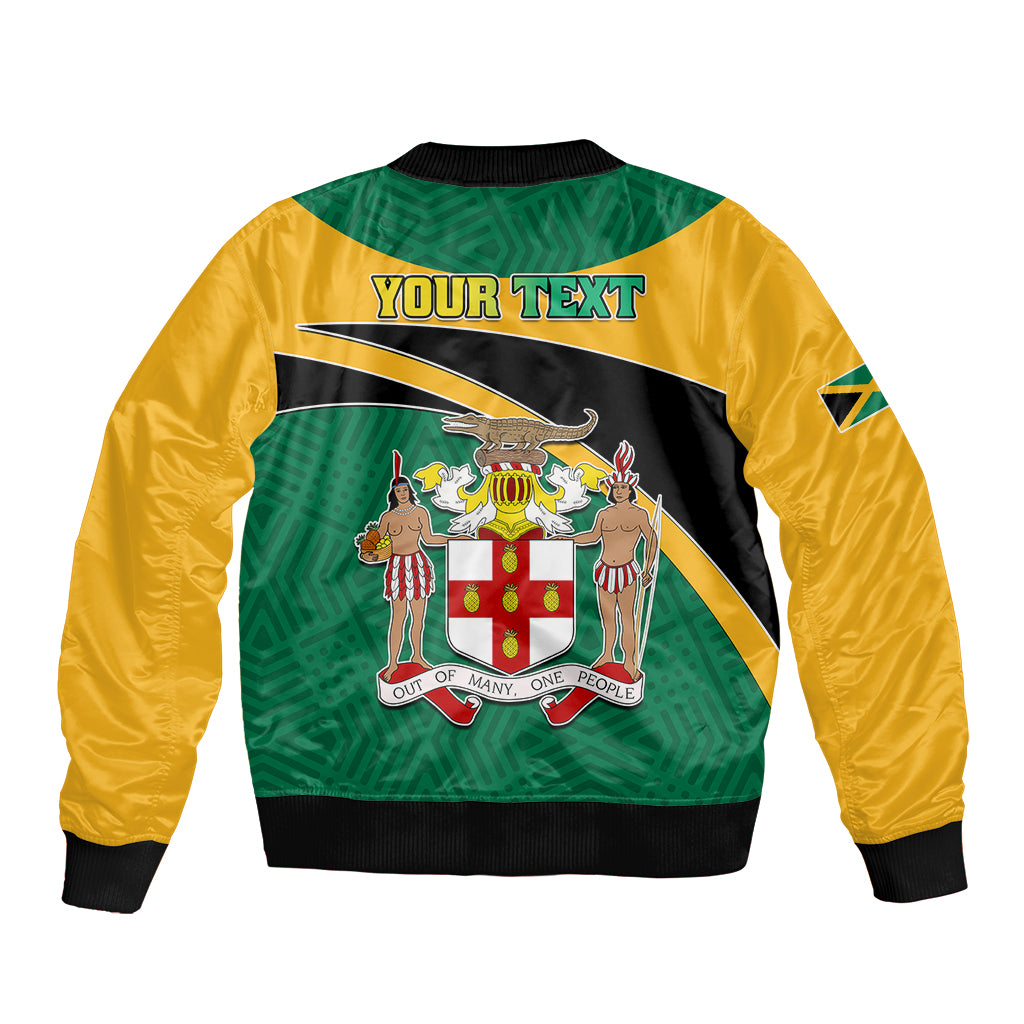 Unisex bomber jacket in green, yellow and black with back crest and custom text panel