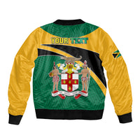 Unisex bomber jacket in green, yellow and black with back crest and custom text panel
