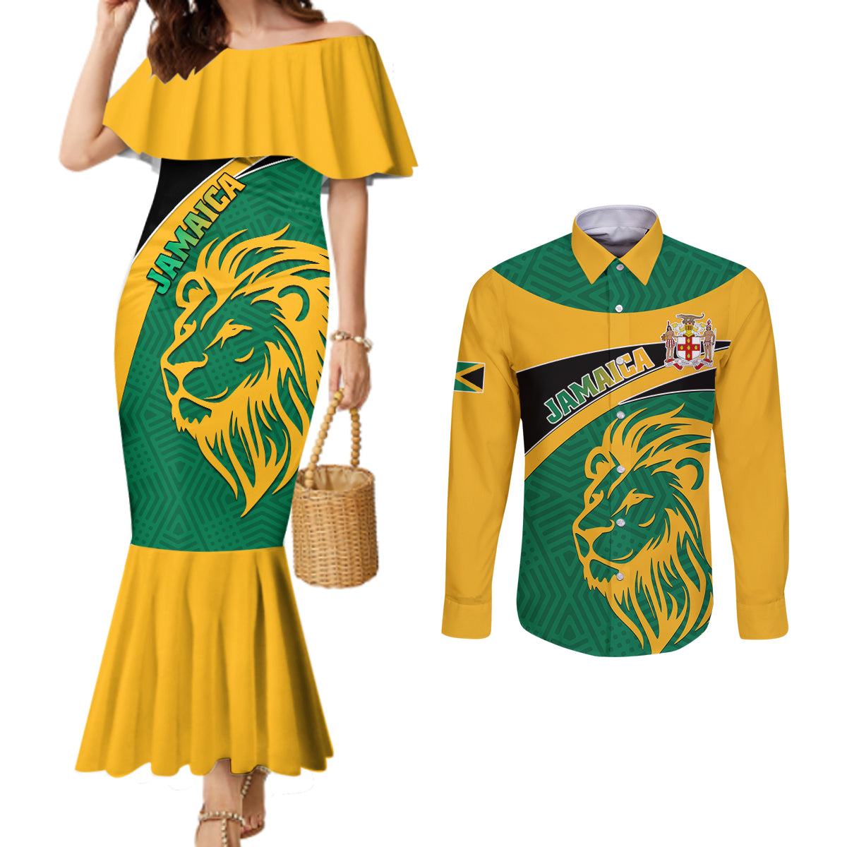 personalised-jamaica-couples-matching-mermaid-dress-and-long-sleeve-button-shirts-jumieka-lion-mix-african-pattern