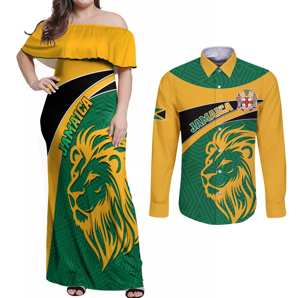 Personalised Jamaica Couples Matching Off Shoulder Maxi Dress and Long Sleeve Button Shirts Jumieka Lion Mix African Pattern - Wonder Print Shop