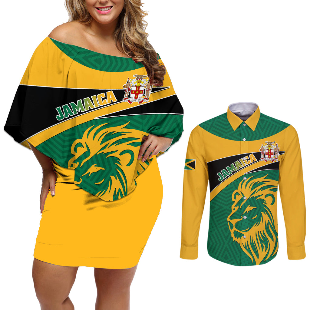 Personalised Jamaica Couples Matching Off Shoulder Short Dress and Long Sleeve Button Shirts Jumieka Lion Mix African Pattern - Wonder Print Shop