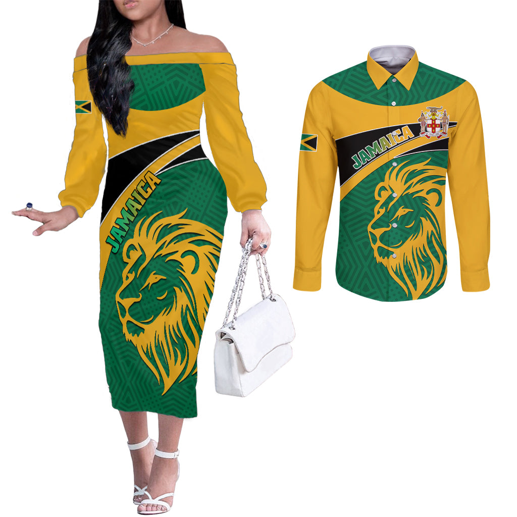 personalised-jamaica-couples-matching-off-the-shoulder-long-sleeve-dress-and-long-sleeve-button-shirts-jumieka-lion-mix-african-pattern