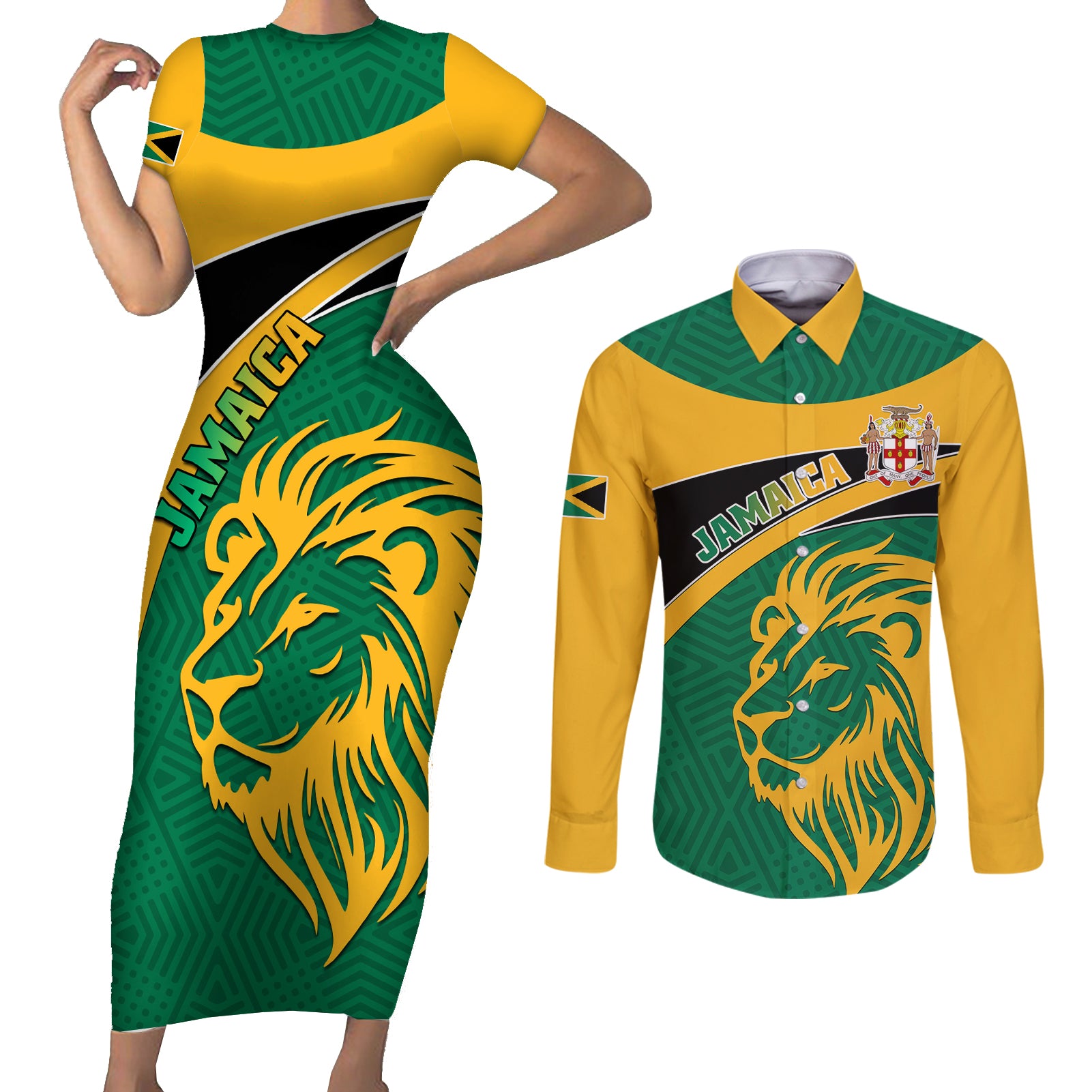 Personalised Jamaica Couples Matching Short Sleeve Bodycon Dress and Long Sleeve Button Shirts Jumieka Lion Mix African Pattern - Wonder Print Shop