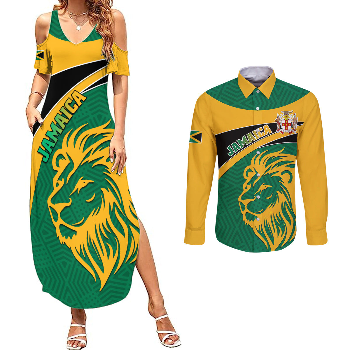 Personalised Jamaica Couples Matching Summer Maxi Dress and Long Sleeve Button Shirts Jumieka Lion Mix African Pattern - Wonder Print Shop