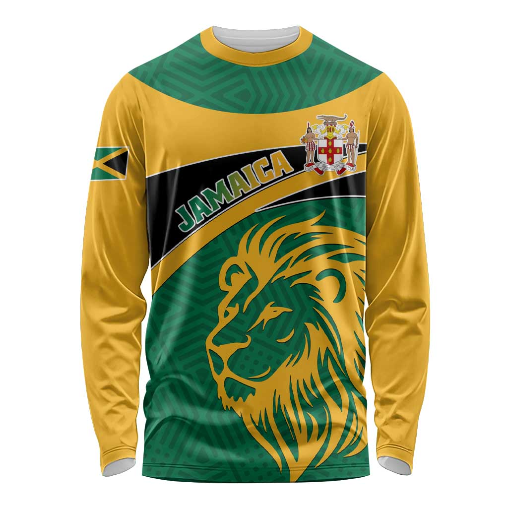 Unisex long sleeve shirt in green and gold with Jamaica lion crest front print