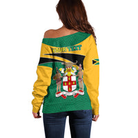 Green and yellow off-shoulder sweater back with 'YOUR TEXT' banner and crest