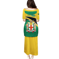 Green and yellow long dress with crest graphic and 'Your Text' on back