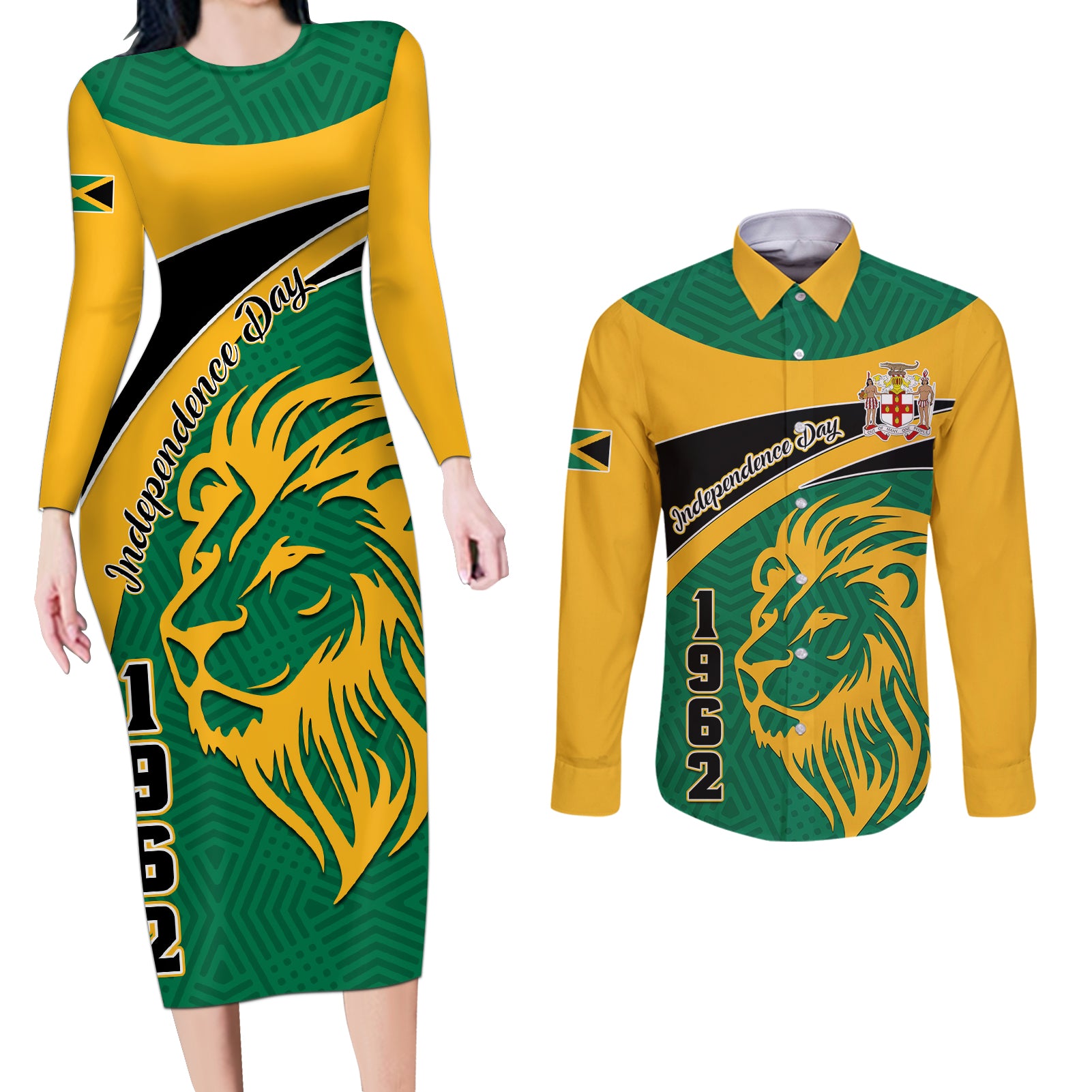 Jamaica Independence Day Couples Matching Long Sleeve Bodycon Dress and Long Sleeve Button Shirts Jumieka Lion Mix African Pattern - Wonder Print Shop