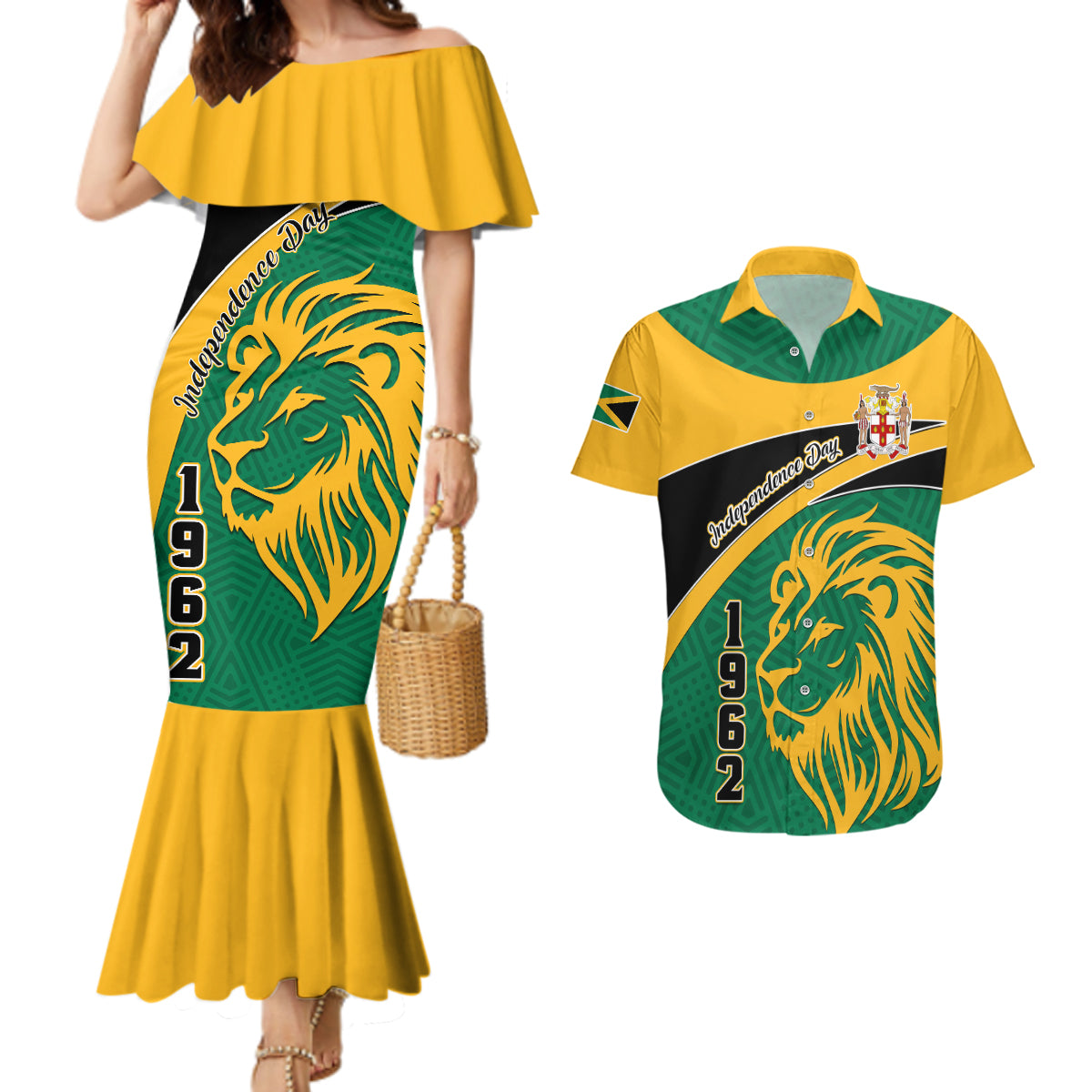 Jamaica Independence Day Couples Matching Mermaid Dress And Hawaiian Shirt Jumieka Lion Mix African Pattern - Wonder Print Shop