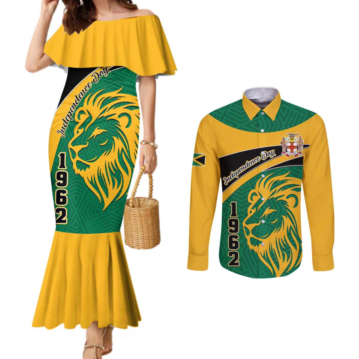 jamaica-independence-day-couples-matching-mermaid-dress-and-long-sleeve-button-shirts-jumieka-lion-mix-african-pattern