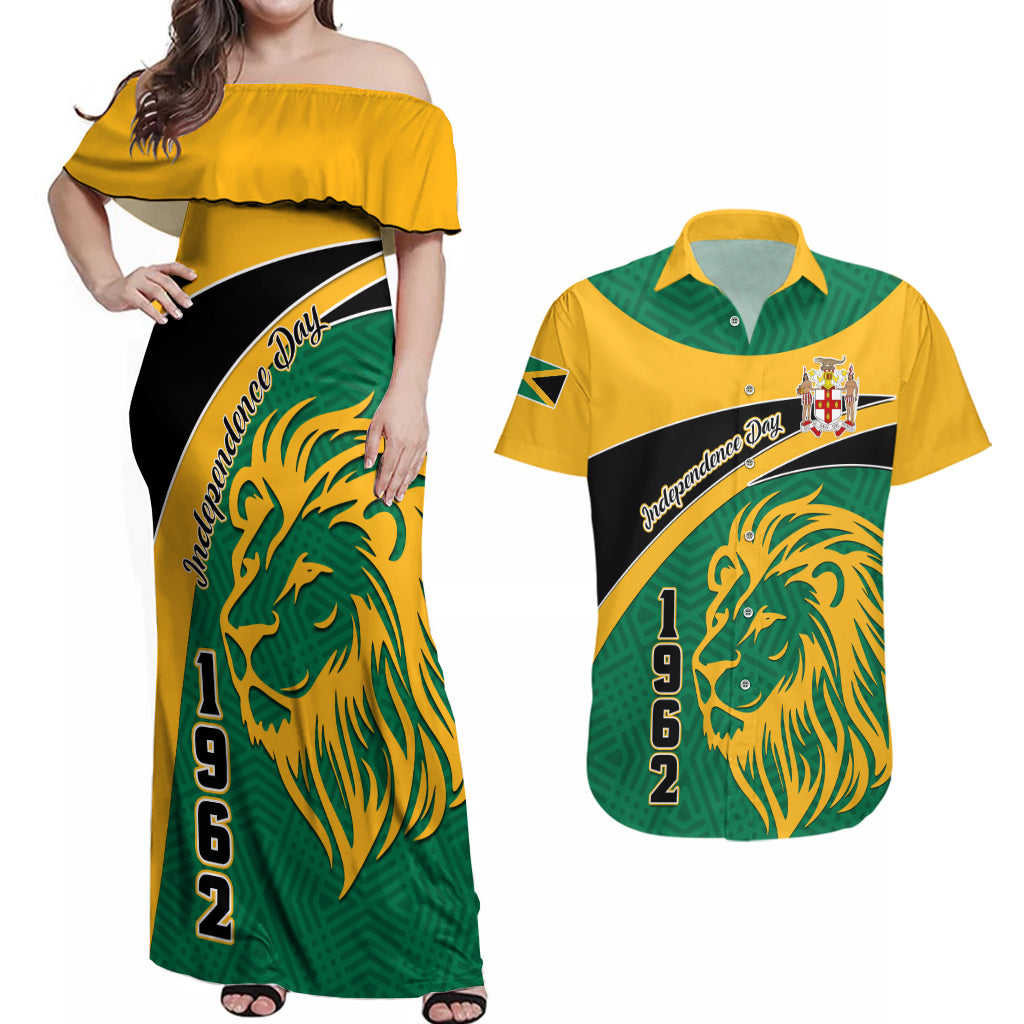 Jamaica Independence Day Couples Matching Off Shoulder Maxi Dress and Hawaiian Shirt Jumieka Lion Mix African Pattern - Wonder Print Shop