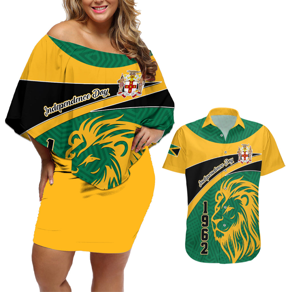 Jamaica Independence Day Couples Matching Off Shoulder Short Dress and Hawaiian Shirt Jumieka Lion Mix African Pattern - Wonder Print Shop