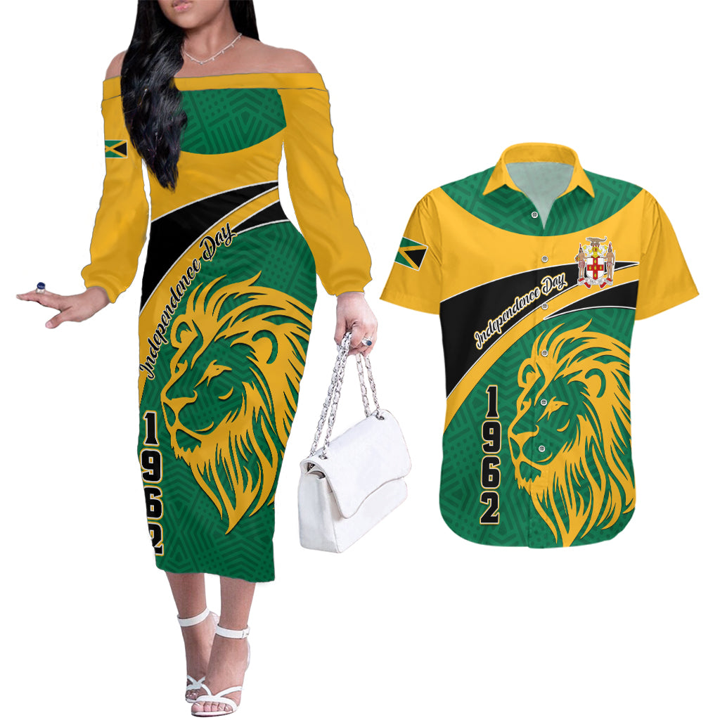 Jamaica Independence Day Couples Matching Off The Shoulder Long Sleeve Dress and Hawaiian Shirt Jumieka Lion Mix African Pattern - Wonder Print Shop