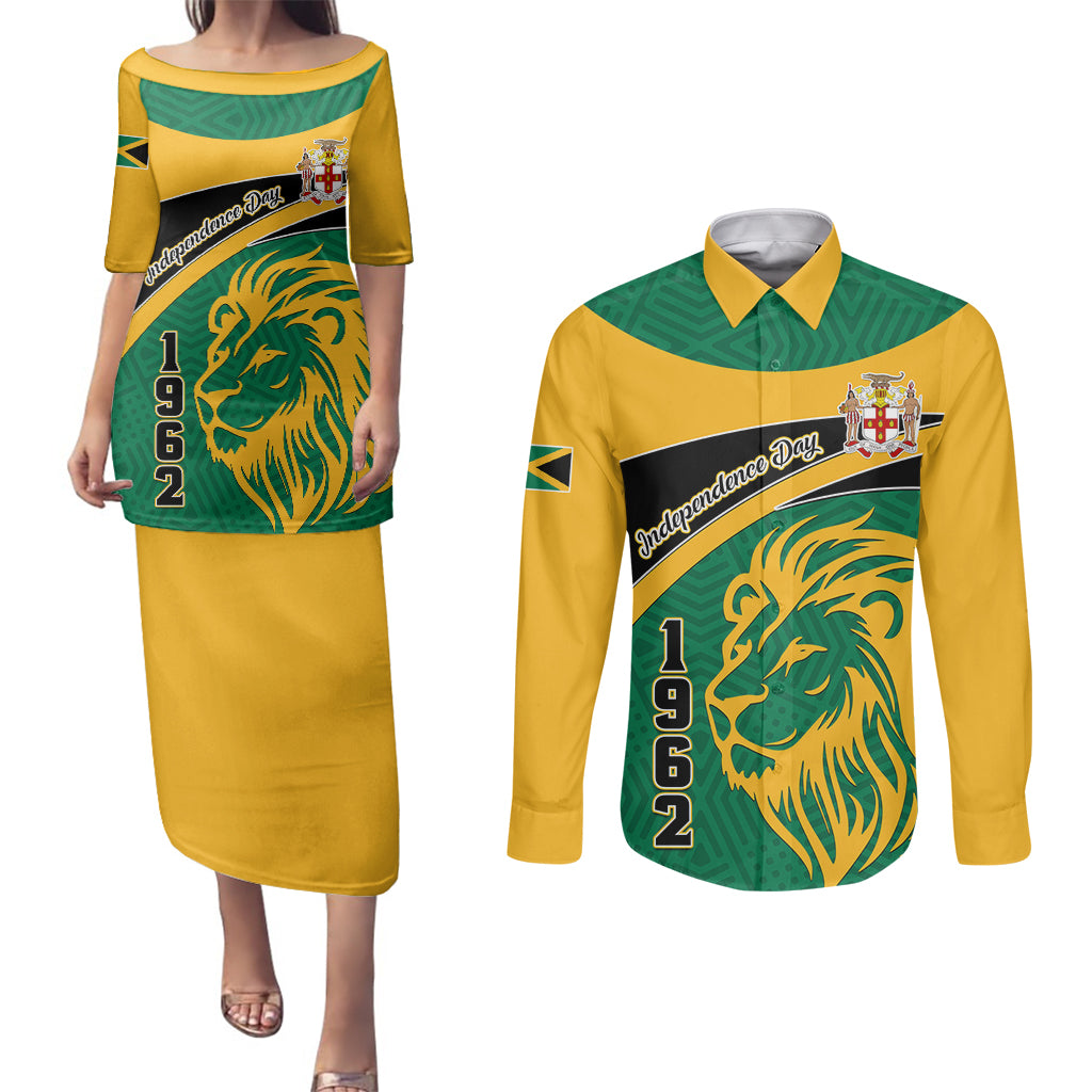 Jamaica Independence Day Couples Matching Puletasi Dress and Long Sleeve Button Shirts Jumieka Lion Mix African Pattern - Wonder Print Shop