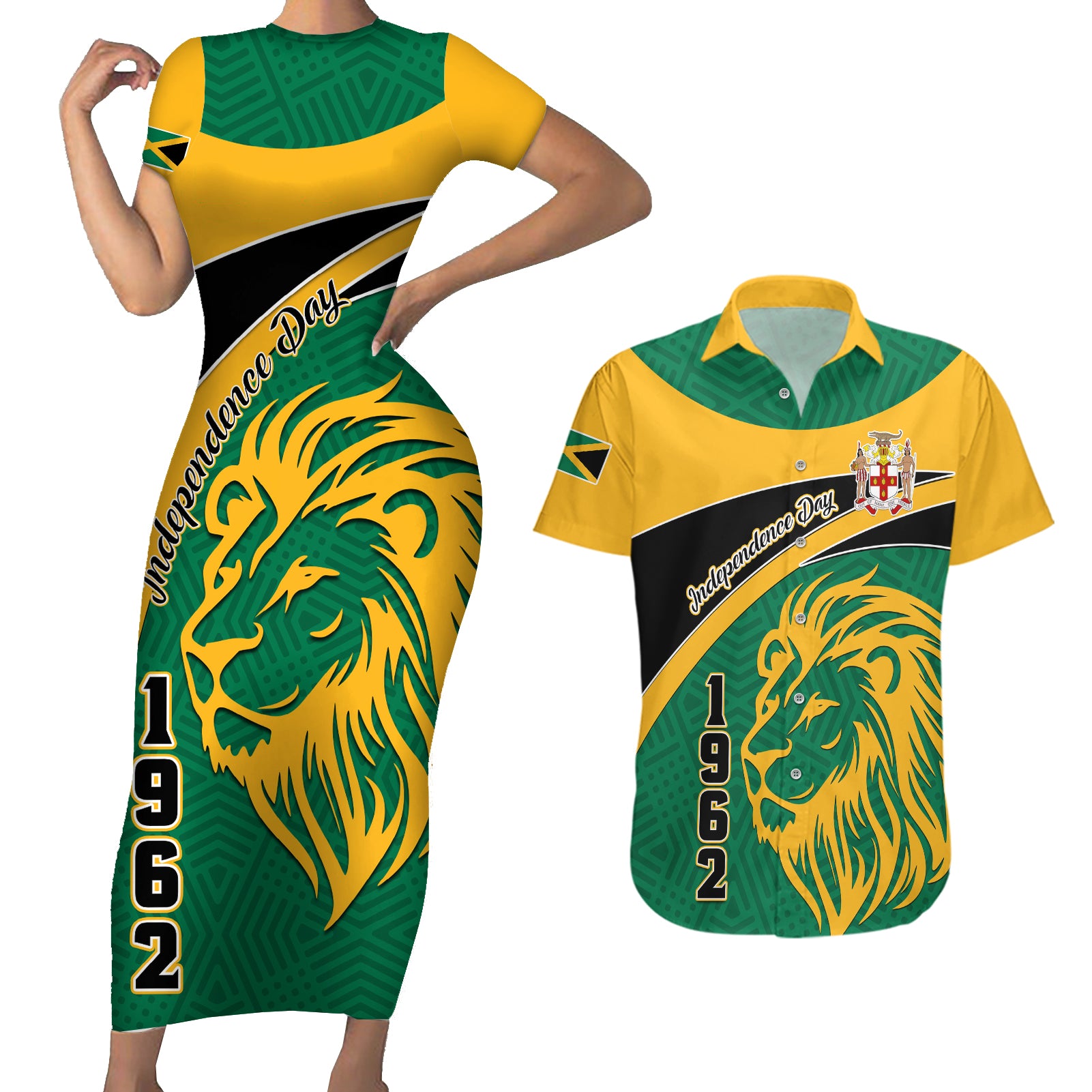 Jamaica Independence Day Couples Matching Short Sleeve Bodycon Dress and Hawaiian Shirt Jumieka Lion Mix African Pattern - Wonder Print Shop