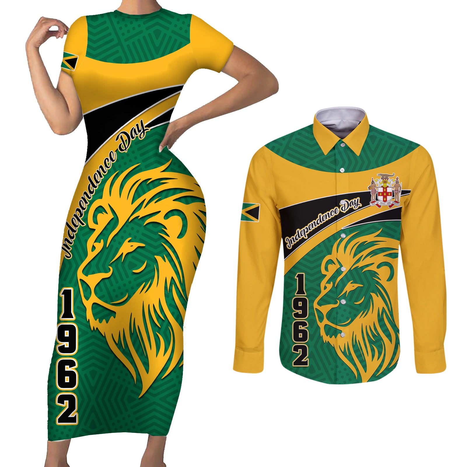 Jamaica Independence Day Couples Matching Short Sleeve Bodycon Dress and Long Sleeve Button Shirts Jumieka Lion Mix African Pattern - Wonder Print Shop