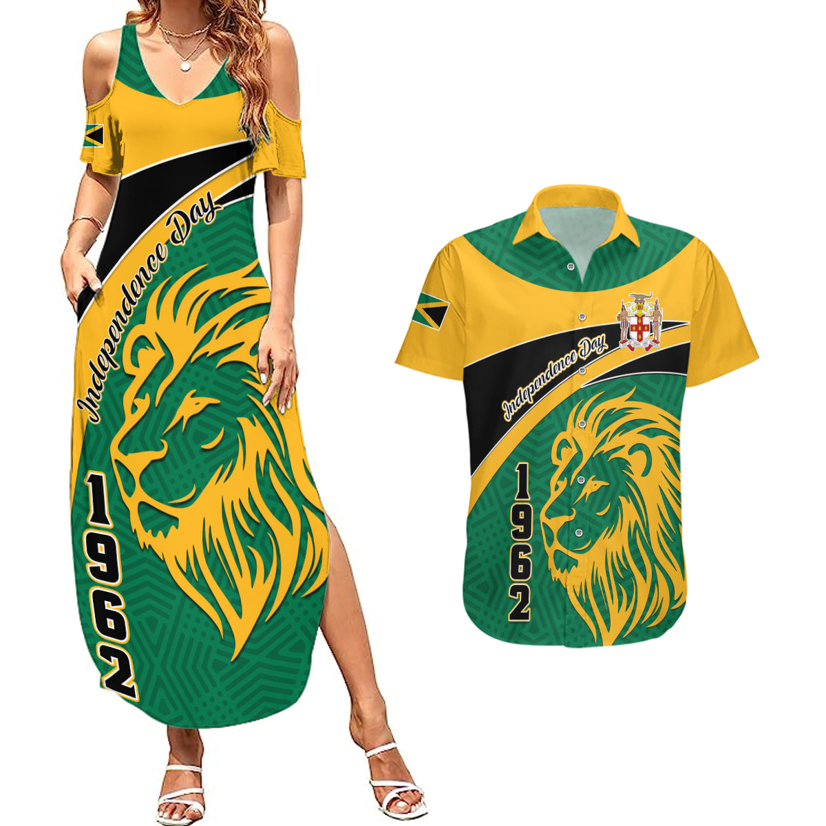 Jamaica Independence Day Couples Matching Summer Maxi Dress and Hawaiian Shirt Jumieka Lion Mix African Pattern - Wonder Print Shop