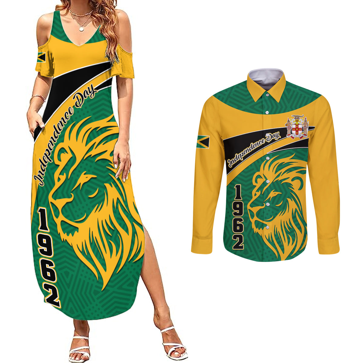 Jamaica Independence Day Couples Matching Summer Maxi Dress and Long Sleeve Button Shirts Jumieka Lion Mix African Pattern - Wonder Print Shop