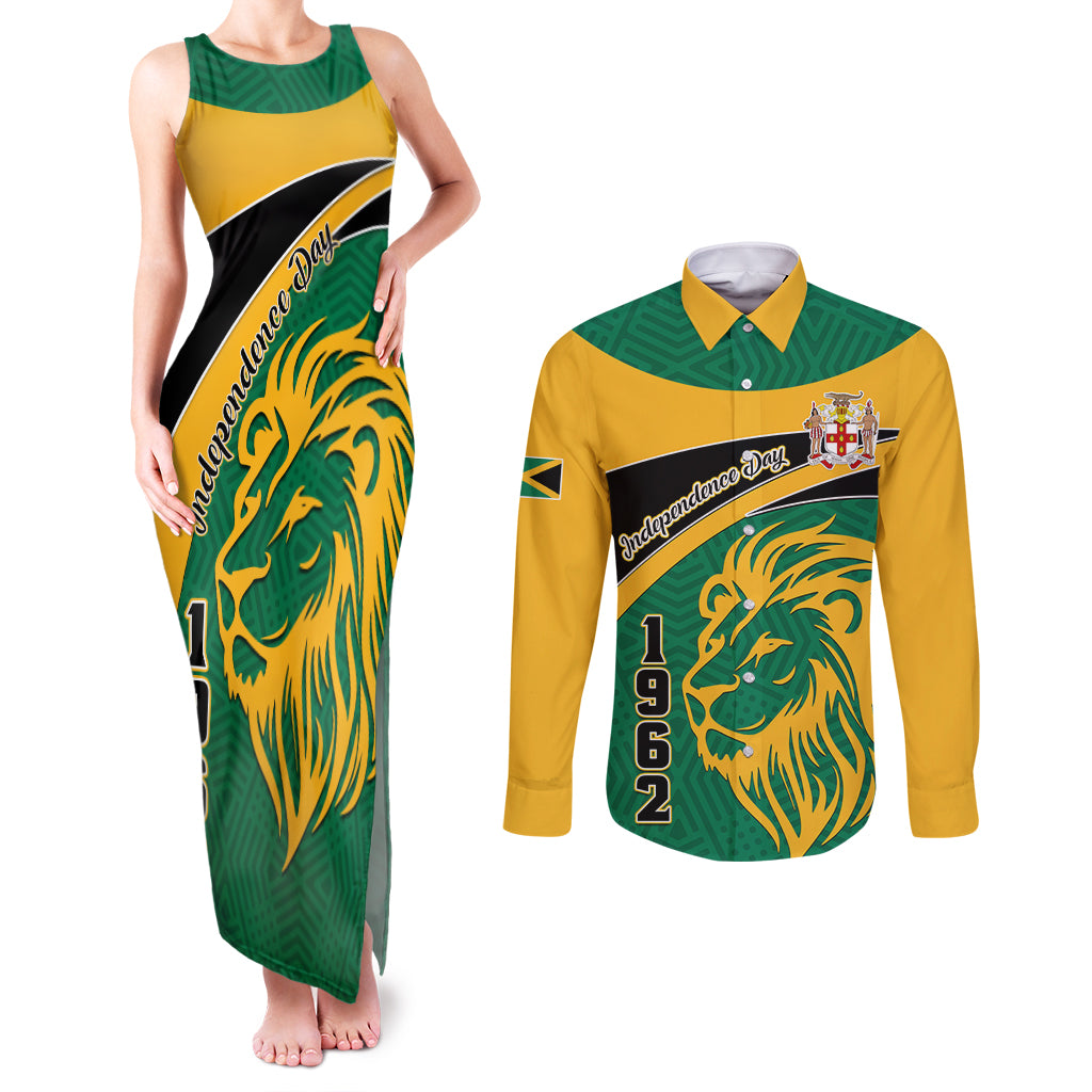 Jamaica Independence Day Couples Matching Tank Maxi Dress and Long Sleeve Button Shirts Jumieka Lion Mix African Pattern - Wonder Print Shop