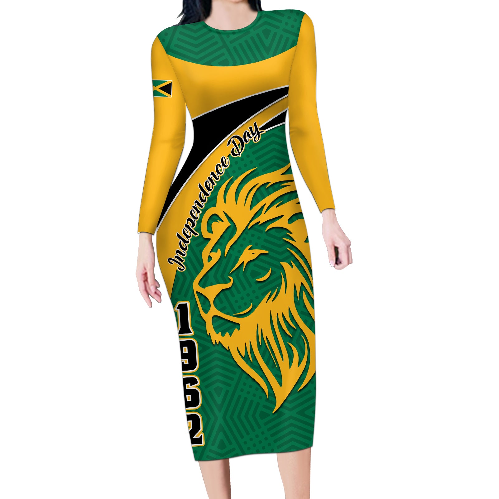 Jamaica Independence Day Long Sleeve Bodycon Dress Jumieka Lion Mix African Pattern - Wonder Print Shop