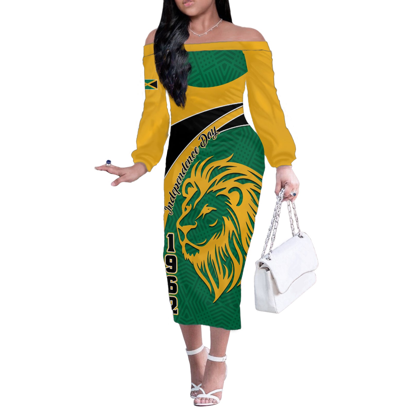 Jamaica Independence Day Off The Shoulder Long Sleeve Dress Jumieka Lion Mix African Pattern - Wonder Print Shop