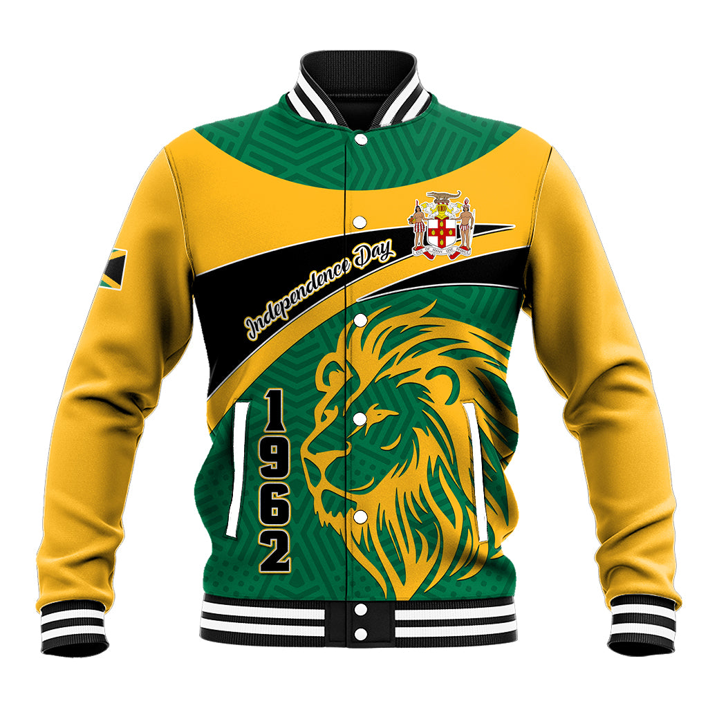 Green and yellow varsity baseball jacket with lion graphic, 1962 text, ribbed collar & cuffs.