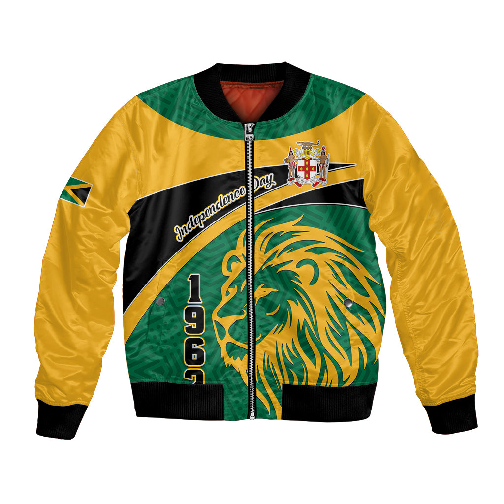 Unisex bomber jacket, yellow/green/black front lion graphic, zip front