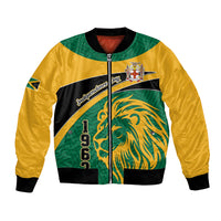 Unisex bomber jacket, yellow/green/black front lion graphic, zip front