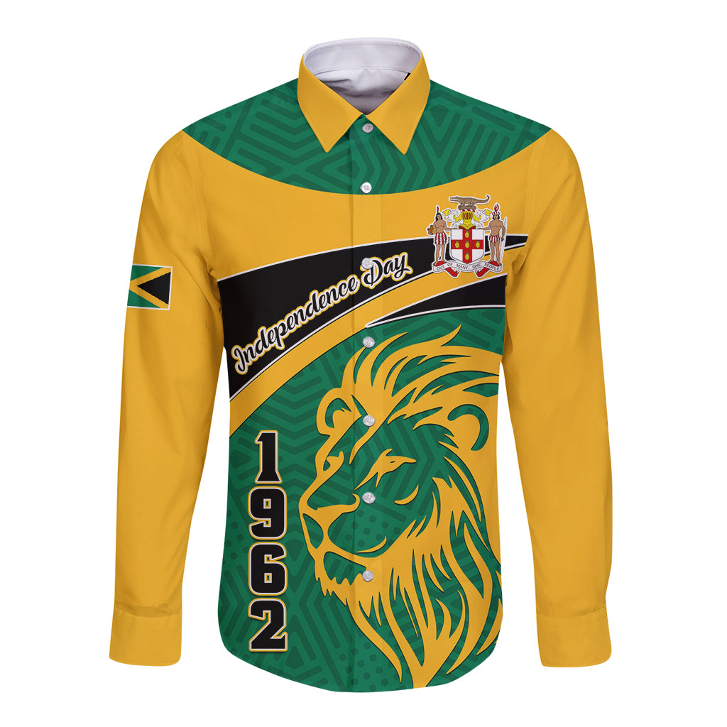 Green and yellow long-sleeve button shirt with lion graphic and Independence Day print