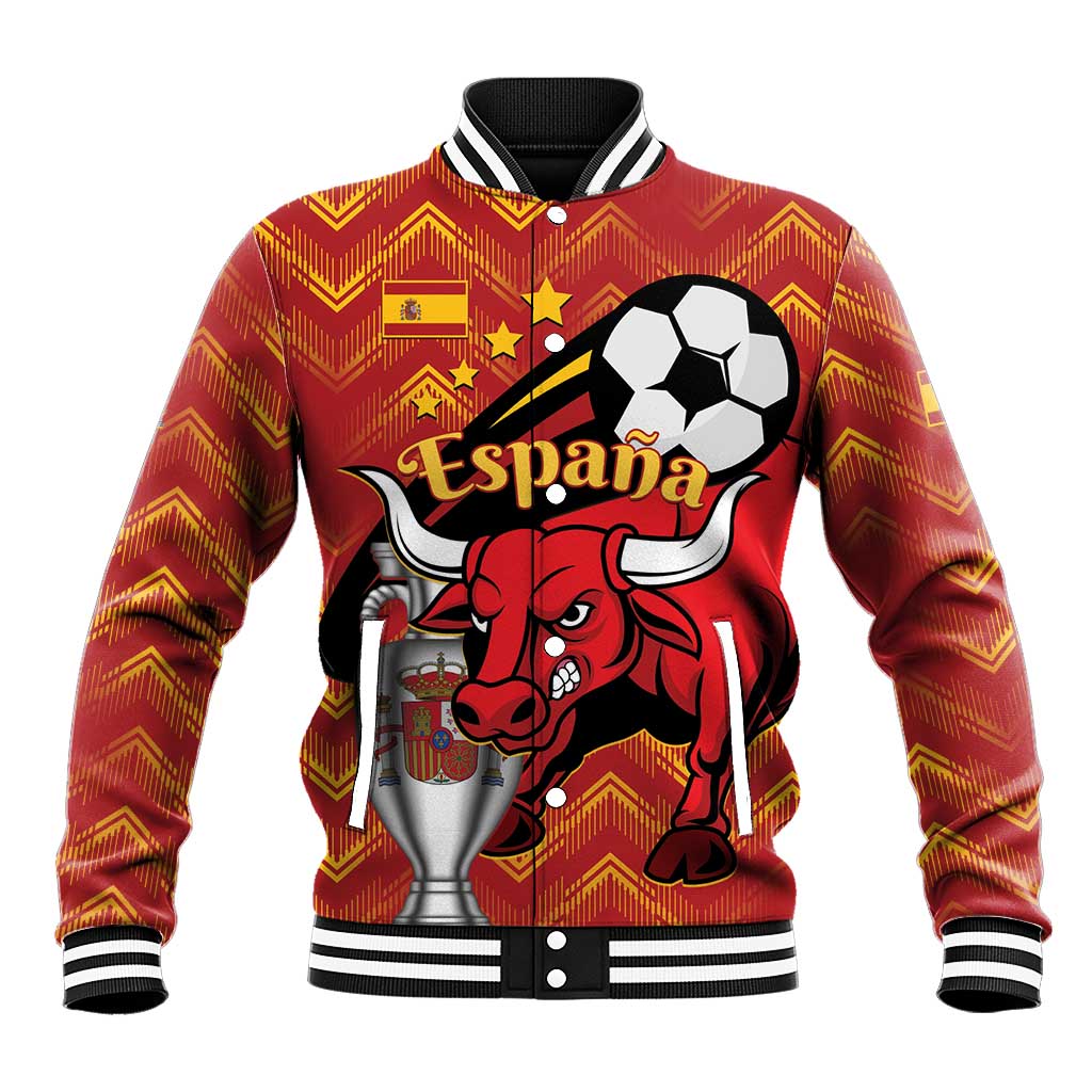 Red baseball varsity jacket with chevron pattern, front bull and soccer ball graphic