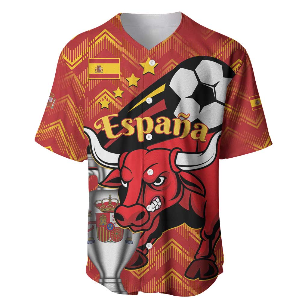 Spain baseball jersey, red zigzag pattern with Espana text, bull graphic and soccer ball