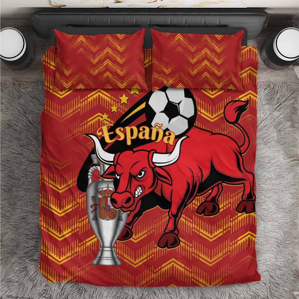 Red Spain football bedding set with bull, soccer ball, trophy and matching pillows