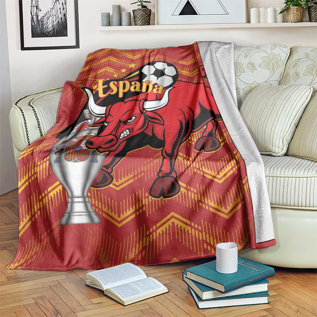 Red Spain football champions blanket with bull, trophy, and Espana graphic