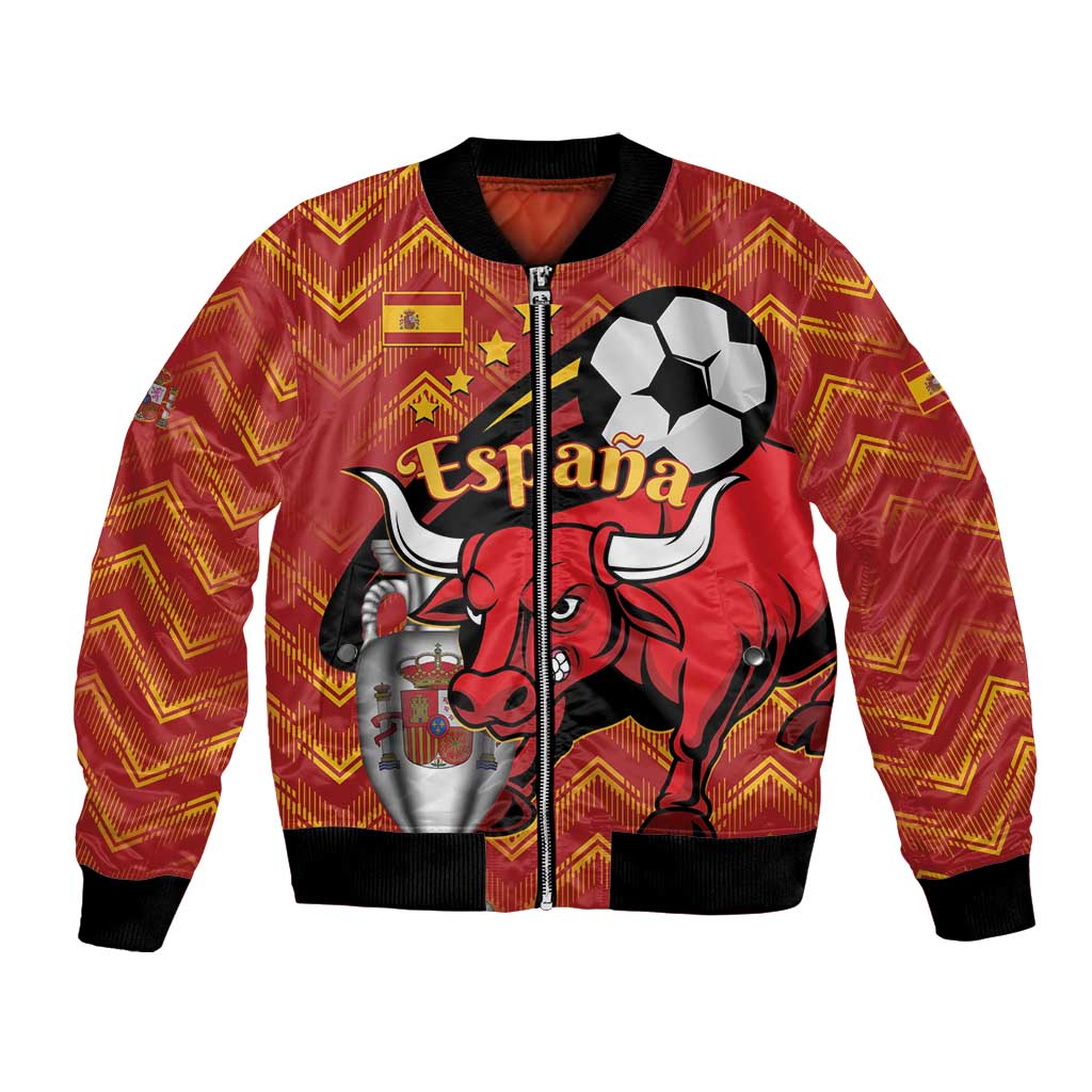 Red patterned bomber jacket with black ribbed collar and front soccer graphics